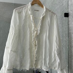 White Blouse with Ruffled Details and Mandarin Collar
